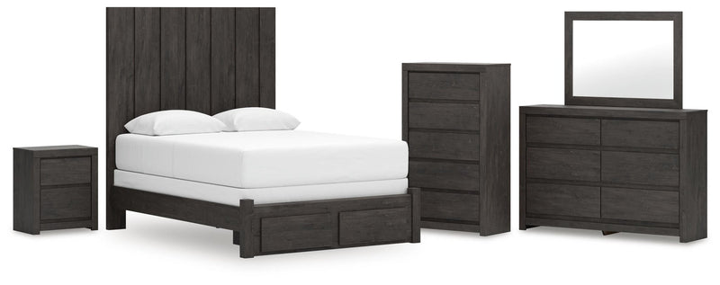 Parlayon Queen Panel Storage Bed, Dresser, Mirror, Chest and Nightstand