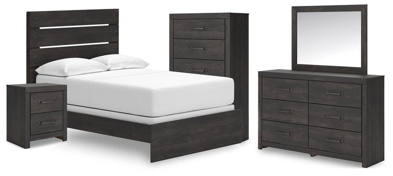 Delmorta Full Panel Bed, Dresser, Mirror, Chest and Nightstand