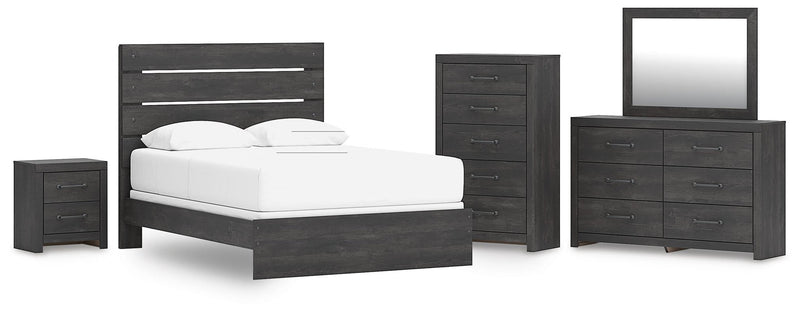 Delmorta Queen Panel Bed, Dresser, Mirror, Chest and Nightstand