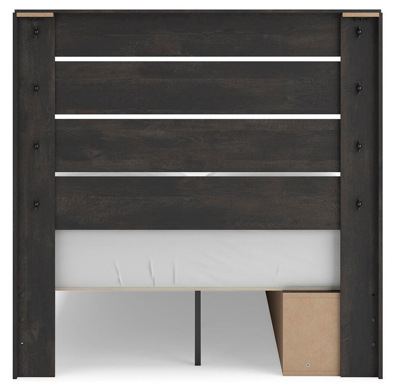 Delmorta Full Panel Storage Bed, Dresser, Mirror and Nightstand