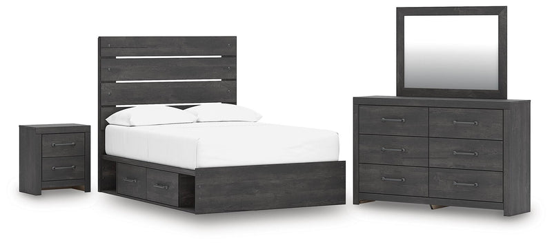 Delmorta Full Panel Storage Bed, Dresser, Mirror and Nightstand
