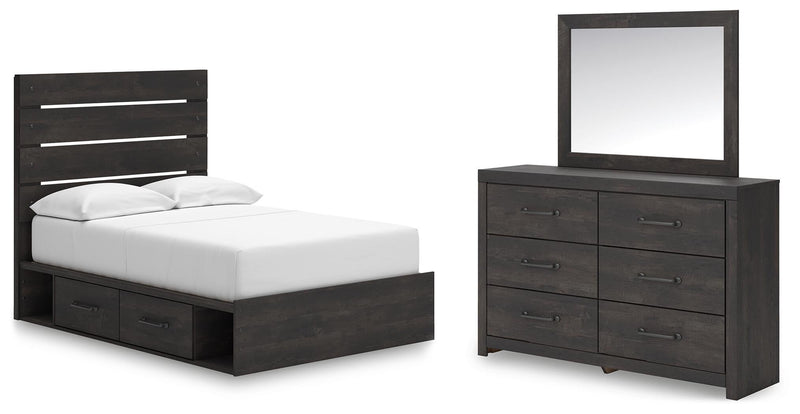 Delmorta Full Panel Storage Bed, Dresser and Mirror