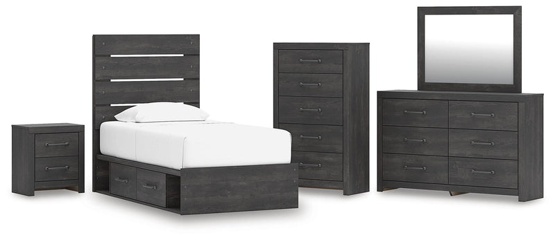 Delmorta Twin Panel Storage Bed, Dresser, Mirror, Chest and Nightstand