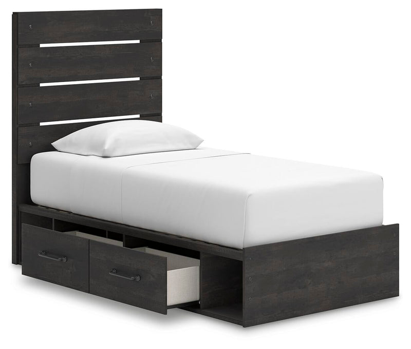 Delmorta Twin Panel Storage Bed, Dresser, Mirror and Nightstand