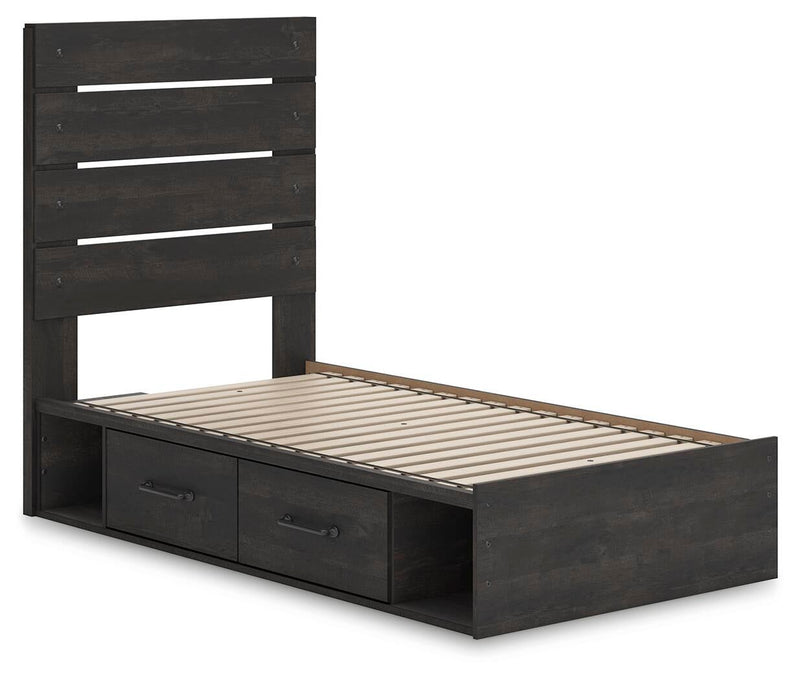 Delmorta Twin Panel Storage Bed, Dresser, Mirror and Nightstand