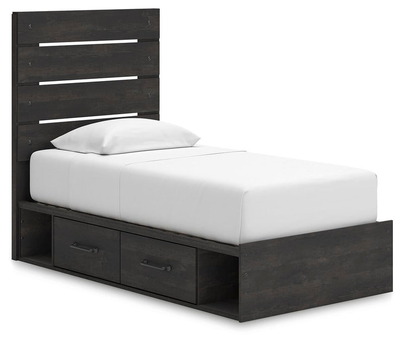 Delmorta Twin Panel Storage Bed, Dresser and Mirror