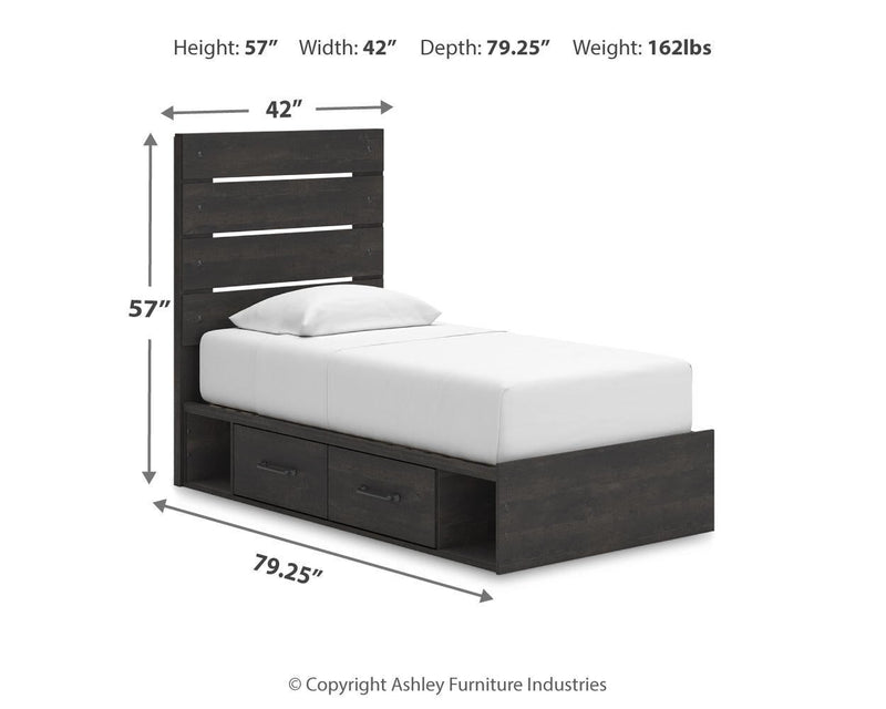 Delmorta Twin Panel Storage Bed, Dresser and Mirror