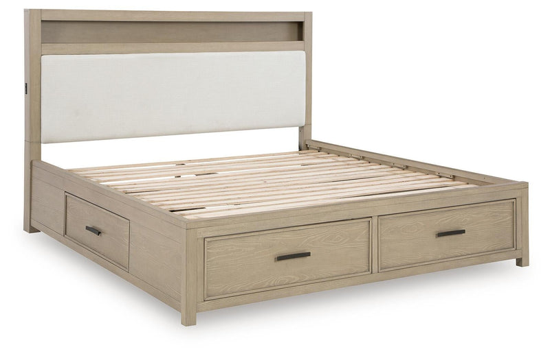 Calmoro Queen Bookcase Bed with Mirrored Dresser and Nightstand