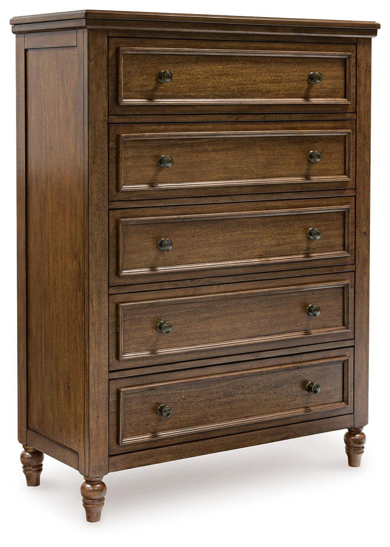Sturlayne Queen Upholstered Panel Bed, Dresser, Mirror, Chest and Nightstand