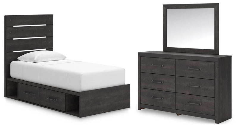 Delmorta Twin Panel Bed with Storage, Dresser and Mirror