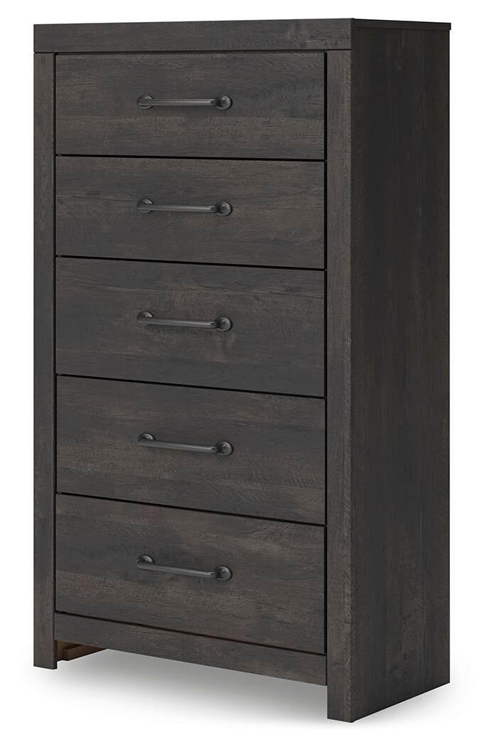 Delmorta Full Panel Storage Bed, Dresser, Mirror, Chest and Nightstand