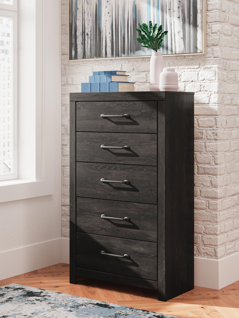 Delmorta Full Panel Storage Bed, Dresser, Mirror, Chest and Nightstand