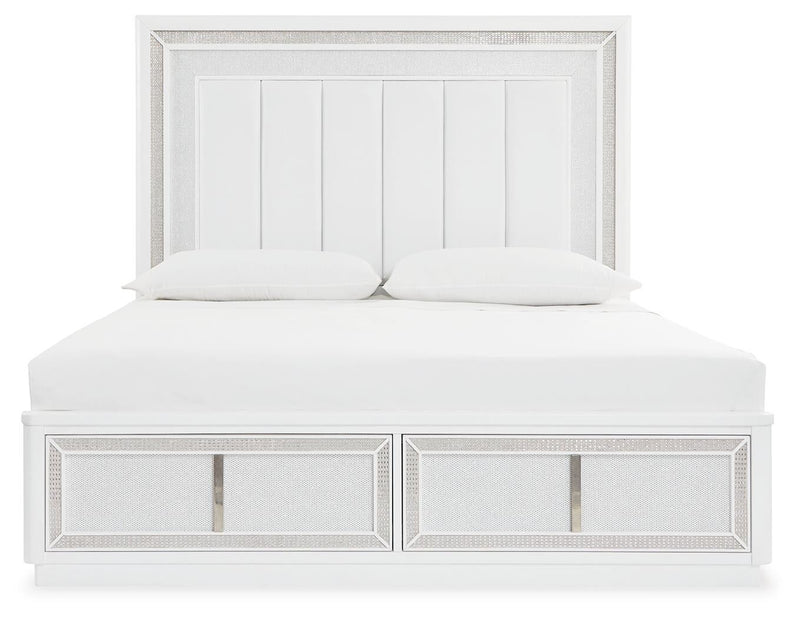 Chalanna King Upholstered Storage Bed, Dresser, Mirror, Chest and Nightstand