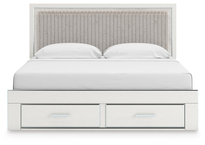 Birmonton King Upholstered Panel Platform Storage Bed, Dresser and Mirror