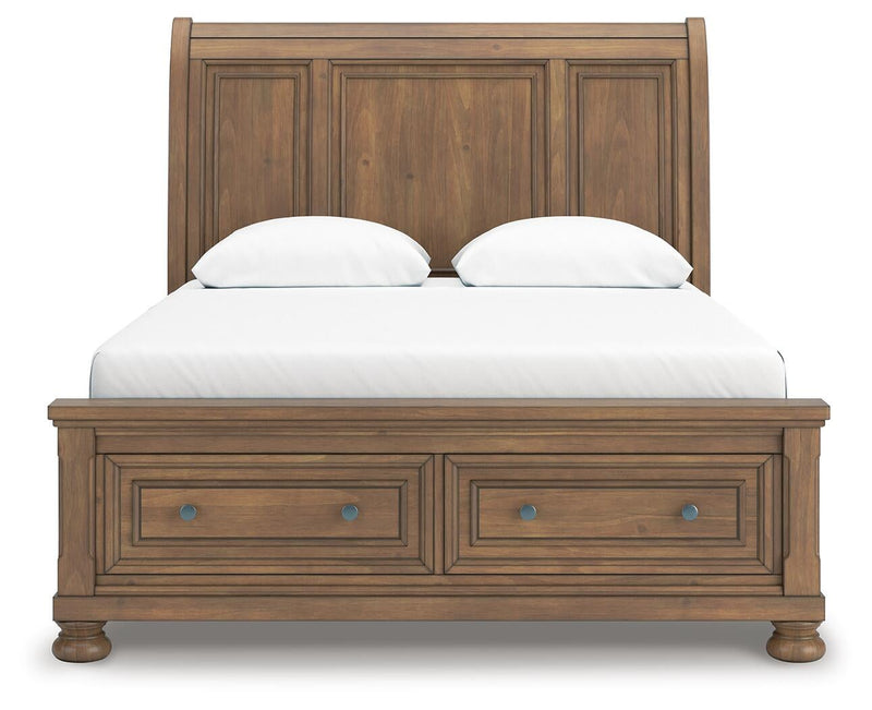 Vandenmore Queen Storage Sleigh Bed with Mirrored Dresser and Nightstand