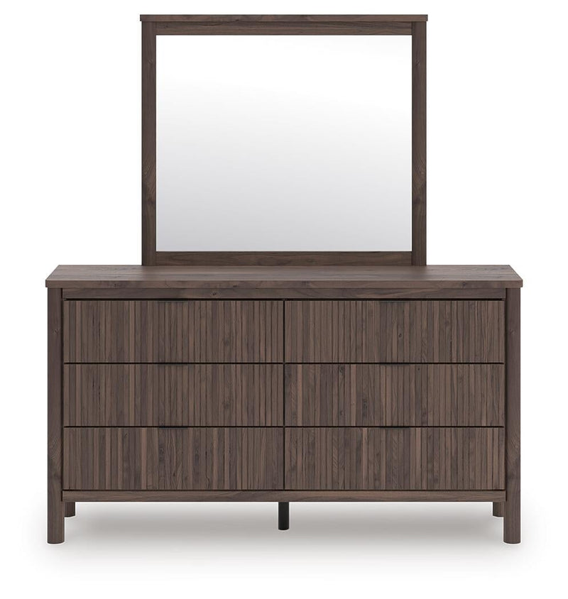 Cadmori King Upholstered Panel Platform Bed, Dresser, Mirror and Nightstand