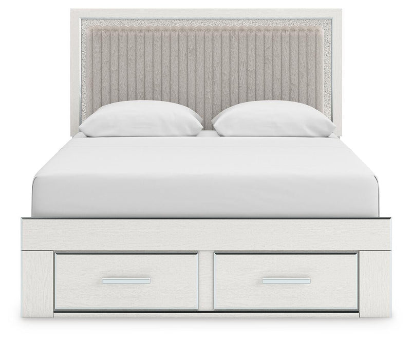 Birmonton Queen Upholstered Panel Platform Storage Bed, Dresser and Mirror