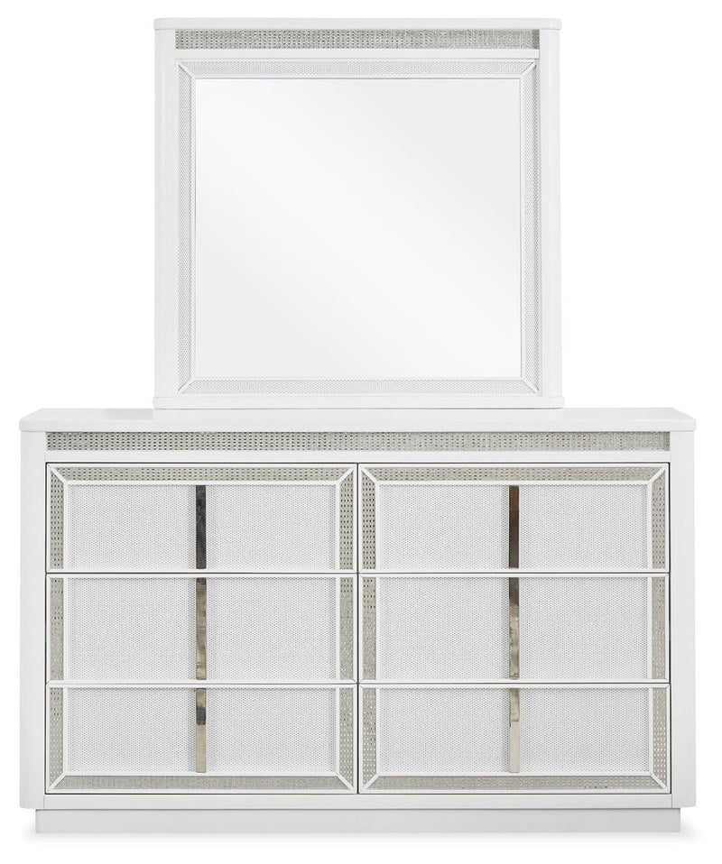 Chalanna California King Upholstered Storage Bed, Dresser and Mirror