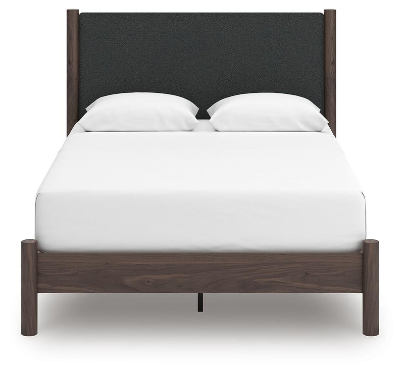 Cadmori Queen Upholstered Panel Platform Bed, Dresser, Mirror, Chest and Nightstand