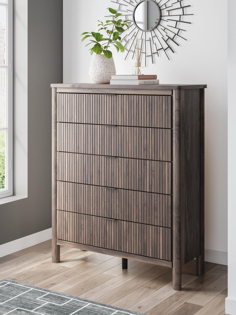 Cadmori Queen Upholstered Panel Bed, Dresser, Mirror, Chest and Nightstand