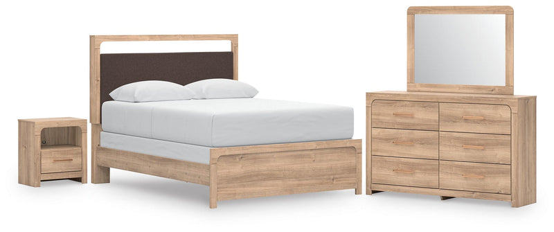 Hollymount Queen Upholstered Panel Bed, Dresser, Mirror and Nightstand