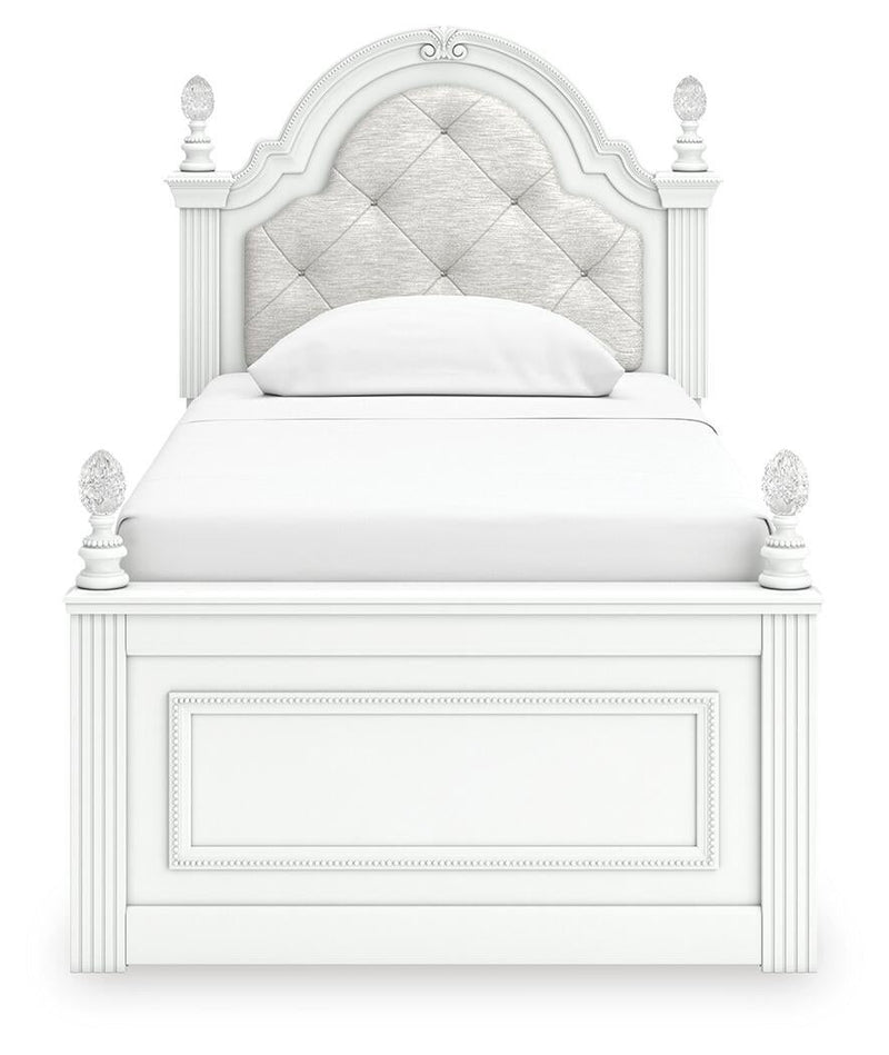 Maylilly Twin Upholstered Panel Bed, Dresser and Mirror