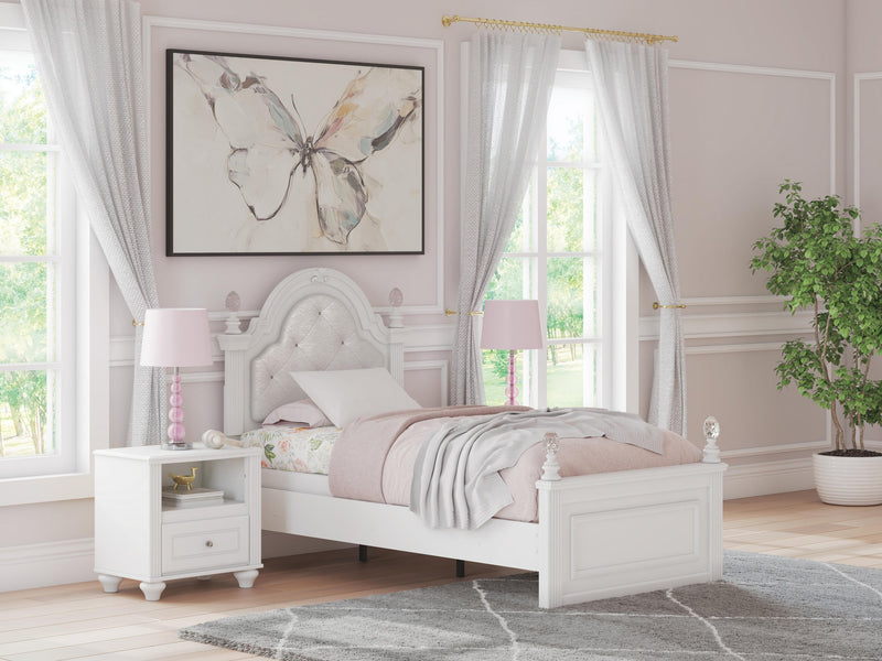 Maylilly Twin Upholstered Panel Bed, Dresser and Mirror