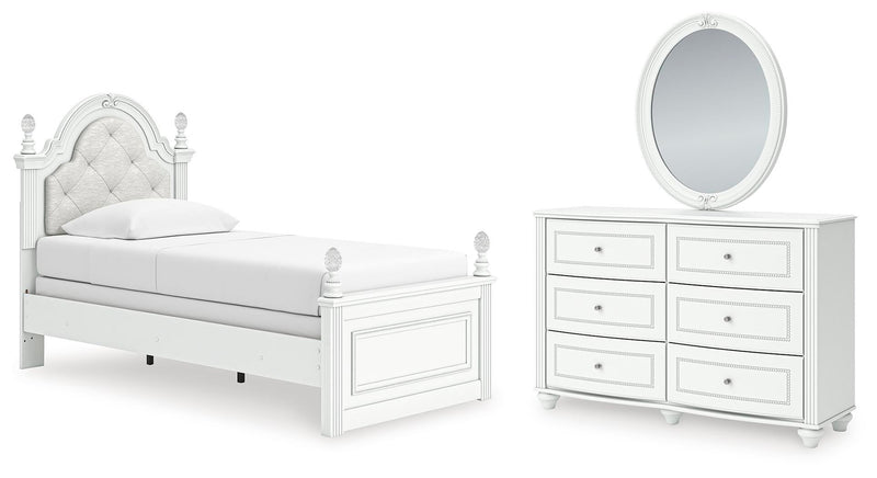 Maylilly Twin Upholstered Panel Bed, Dresser and Mirror