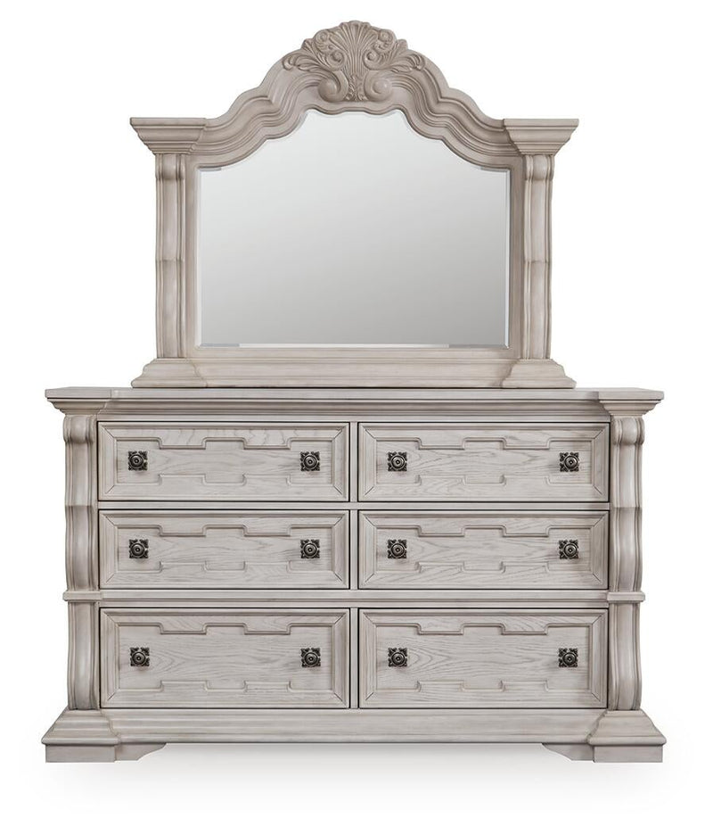Andonhall California King Upholstered Panel Bed with Mirrored Dresser