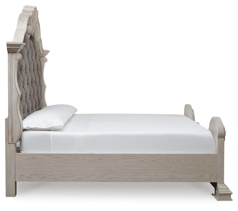 Andonhall King Upholstered Panel Bed with Mirrored Dresser and Nightstand