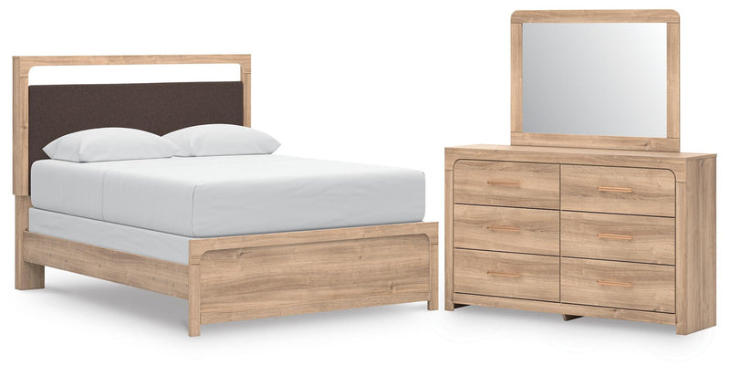 Hollymount Queen Upholstered Panel Bed, Dresser and Mirror