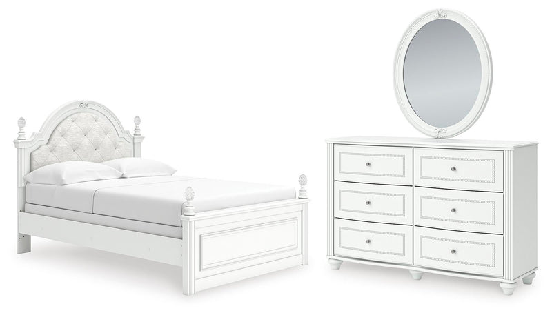 Maylilly Full Upholstered Panel Bed, Dresser and Mirror