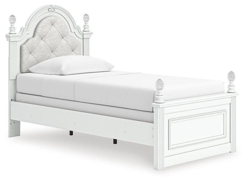 Maylilly Twin Upholstered Panel Bed, Dresser, Mirror and Nightstand