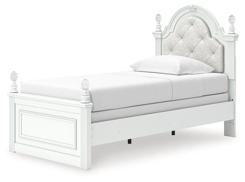 Maylilly Twin Upholstered Panel Bed, Dresser, Mirror and Nightstand