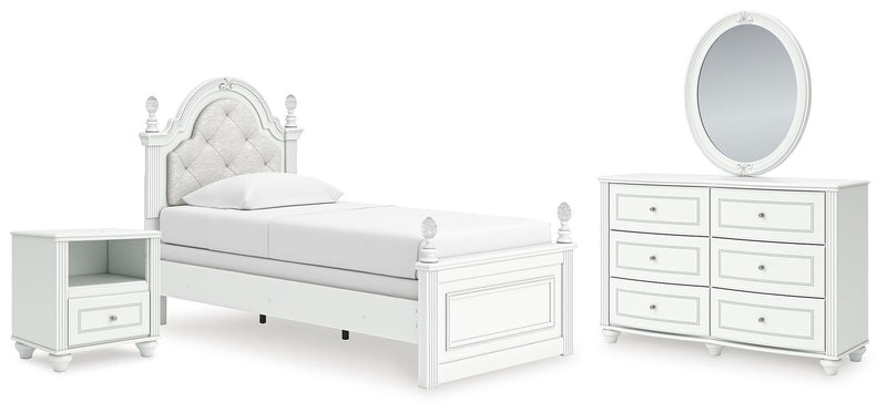 Maylilly Twin Upholstered Panel Bed, Dresser, Mirror and Nightstand