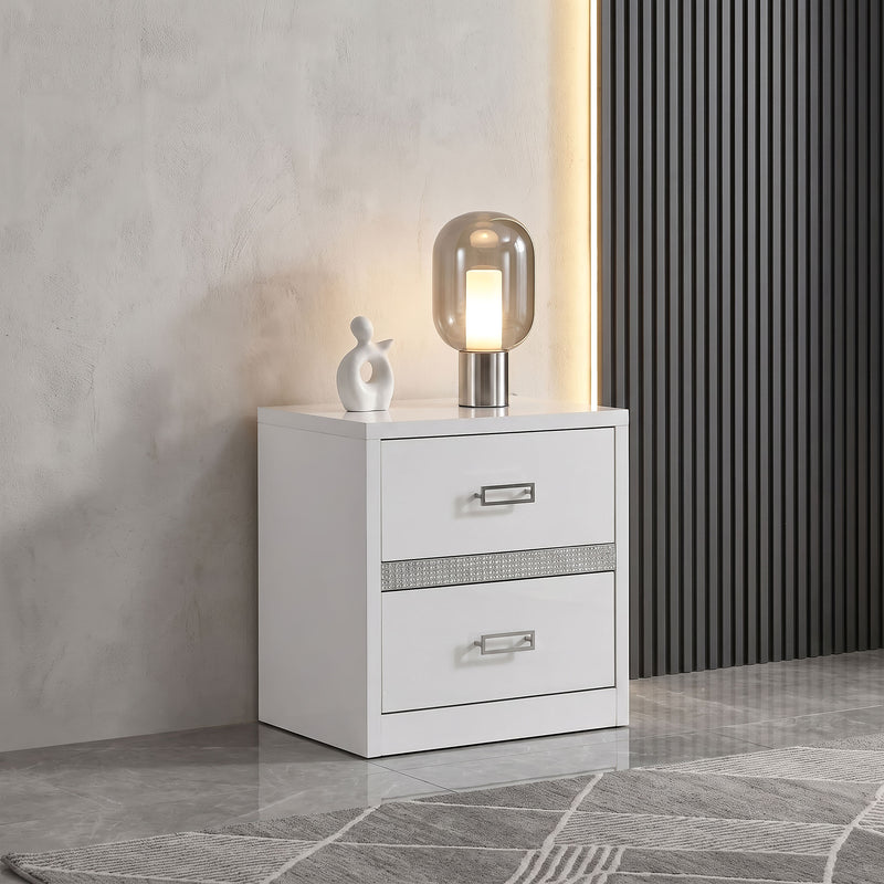 Viana Contemporary 2-Drawer Nightstand with Chrome Pulls White High Gloss
