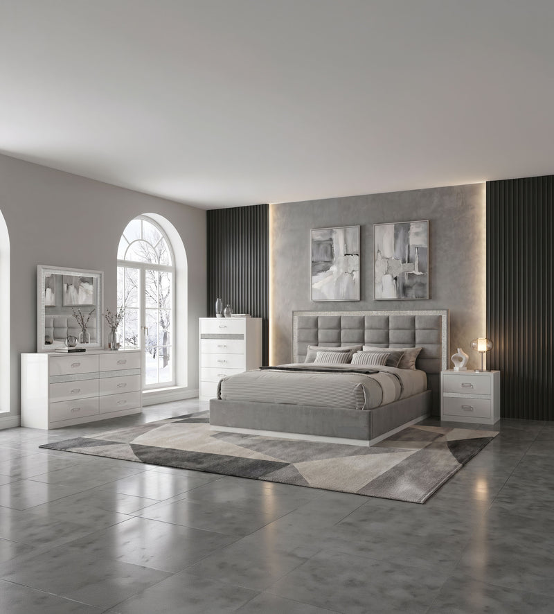 Viana Eastern King Chenille Platform Bed Grey and White High Gloss