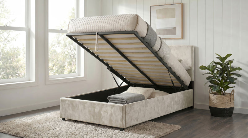 Reeves Upholstered Twin Lift-Top Storage Platform Bed Beige